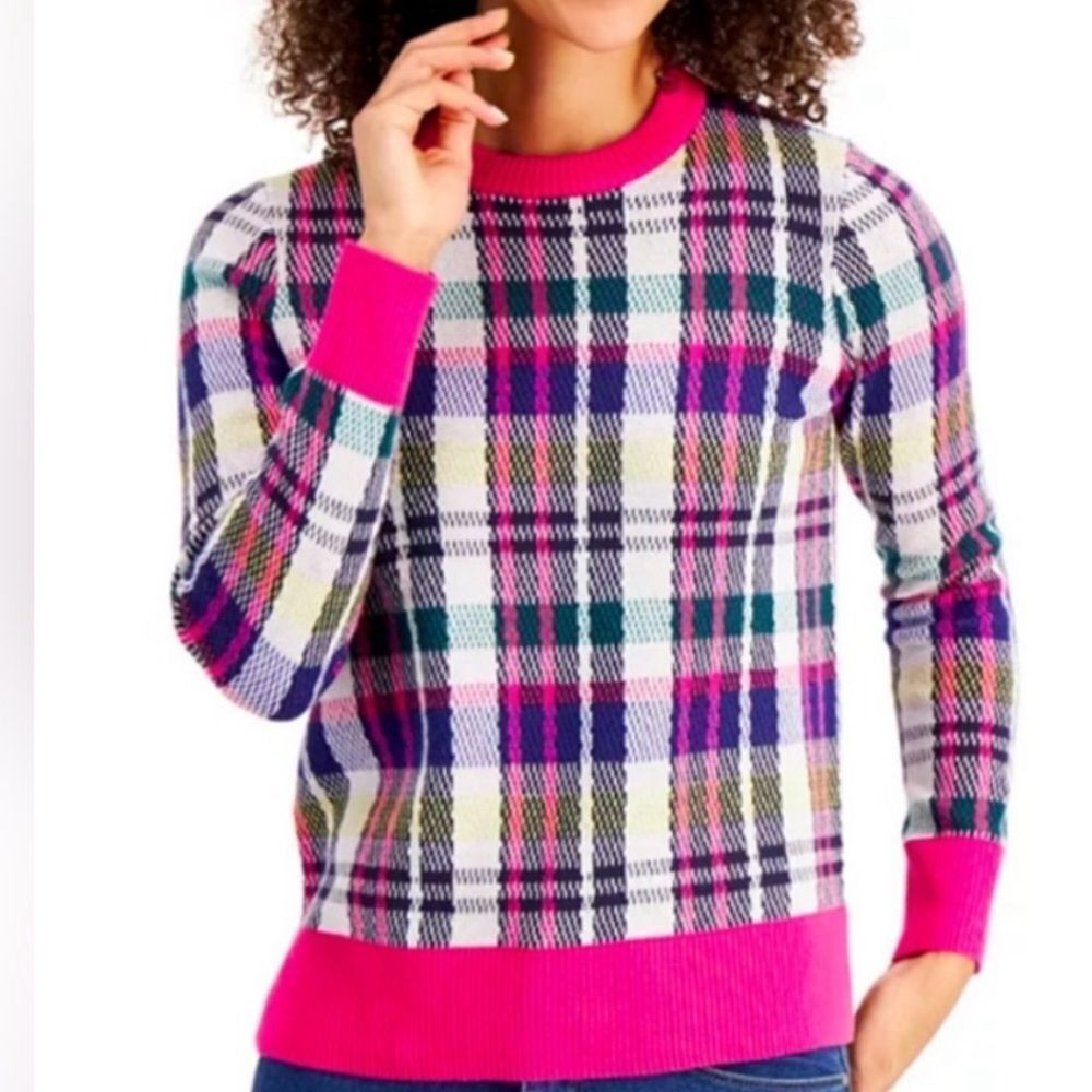 Charter Club Pink Contrast-Trim Plaid Sweater Size XS